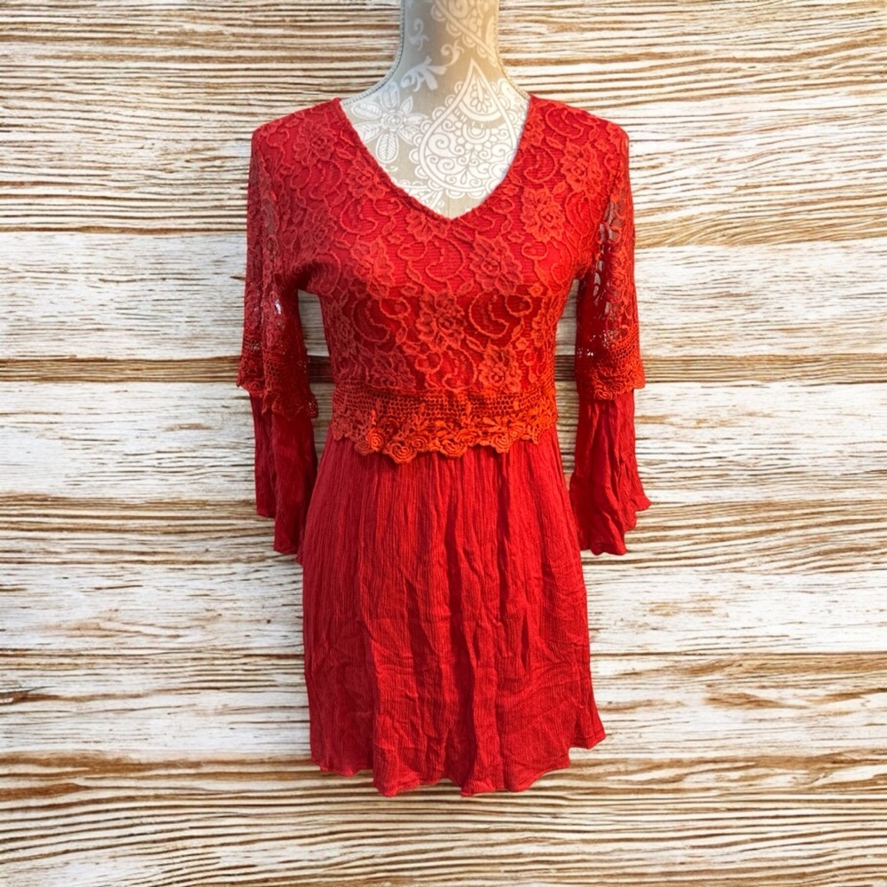 ZANZEA Women's Floral Lace V Neck 3/4 Bell Sleeve A-line Dress Red Sz Small